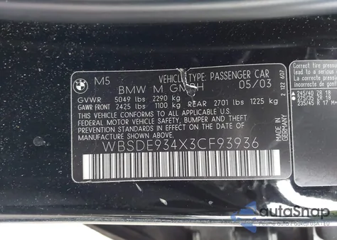 2003 BMW M5 z USA, uszkodzony, nr VIN WBSDE934X3CF93936